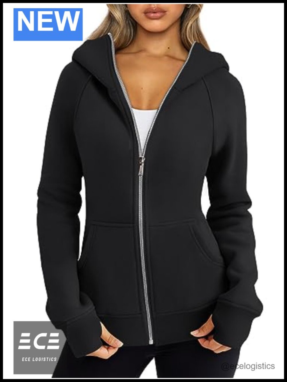 Fitted Full Zip Hoodie Fleece Sweatshirt Cotton Blend